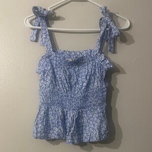 Copper key Blue Floral l tank top with ruffle trim and bow shoulders Sz M